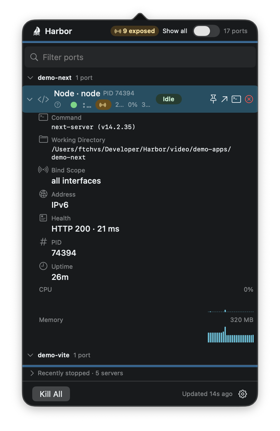 Harbor's detail inspector in dark mode: command line, working directory, bind scope, health check, and CPU/memory bar sparklines
