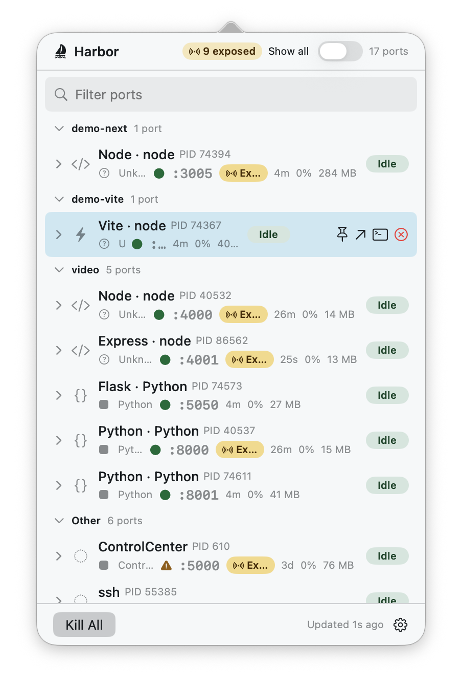 Harbor's menu-bar panel: dev servers grouped by project with framework badges, ports, live vitals, exposed indicators, and a Kill All action